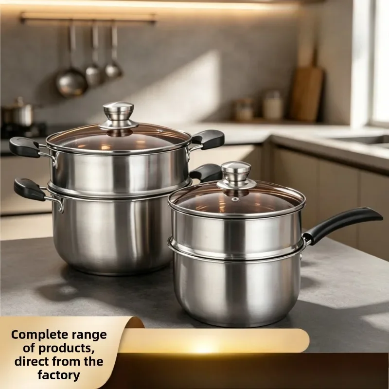 Double Layer Steamer Pot Stainless Steel Basket Handles Induction Compatible Milk Pot Soup Pot Thickened Steam Cooker SteamerPot