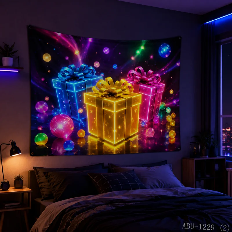 VIKAMA Colorful Neon Gift Box Light Ball Mirror Starry Sky Christmas Tapestry HD Background Wall Room Decoration