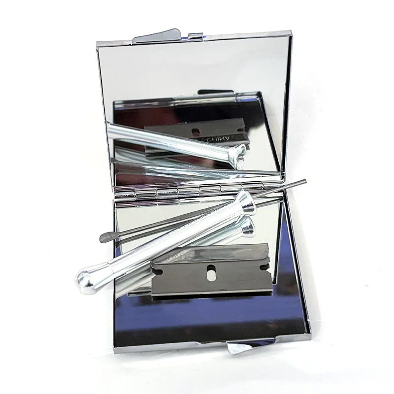 1Set Silvery Metal Box Kit All-in-One Storage Case Portable Funnel Container Double-sided Mirror Cigarette Storage Holder
