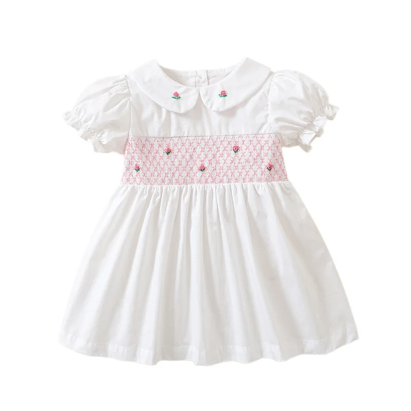 

Летнее белое винтажное платье в испанском стиле для девочек, с вышивкой и сборками, из хлопка, с коротким рукавом, для малышей и девочек, повседневное