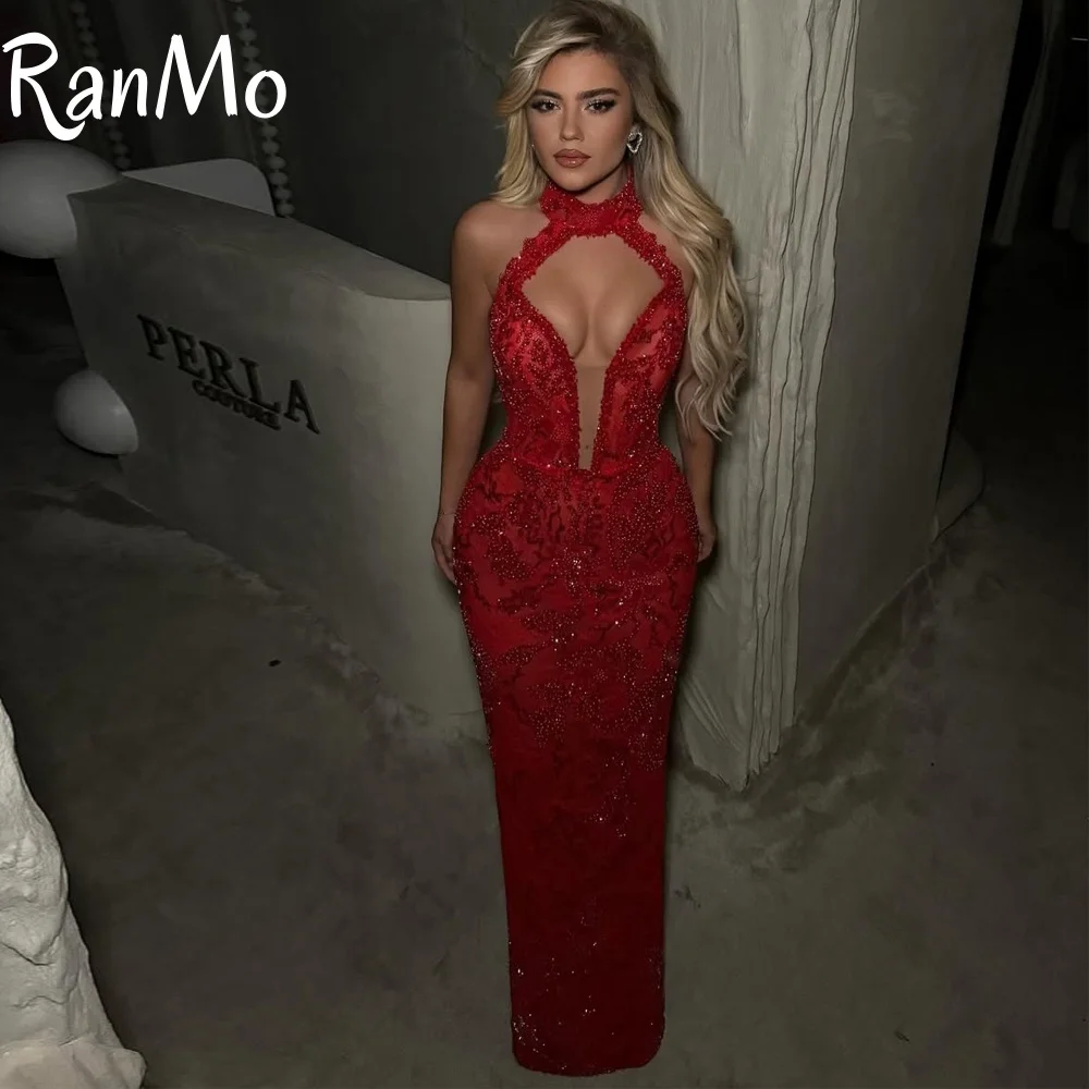 

Ranmo 2025 Sparkly Beading Red Evening Dress Sweetheart Sexy Wedding Party Dresses Customized Pleat Luxury Prom Gown Sleeveless