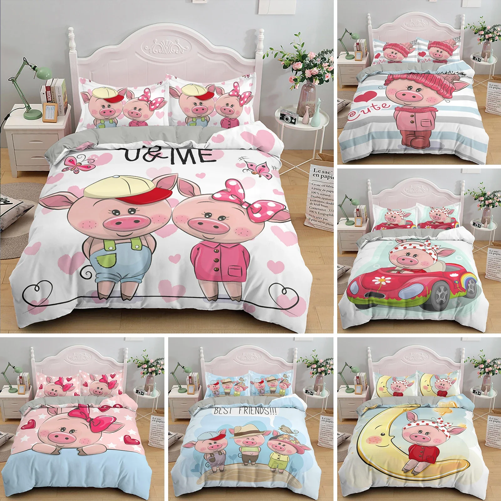 

Cartoon Lovely Pig Bedding Set Duvet Cover With Pillowcase For Kids Adult Gifts Quilt Covers Single Double Queen King Bed Sets