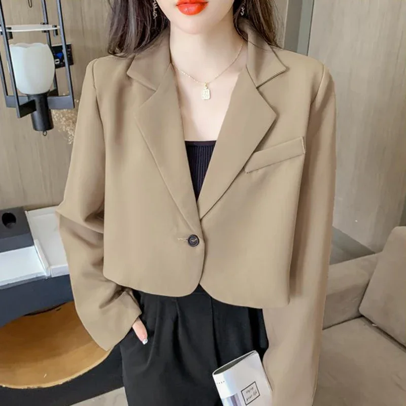 Koreaanse Cropped Blazers Dames Effen Kleur Eenvoudige Single-Knoop Outwear Tieners All-Match Lange Mouw Kantoor Jas Blazer