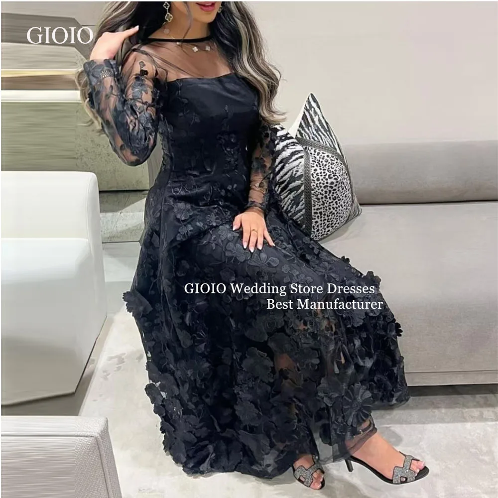 فستان سهرة GIOIO أنيق برقبة مربعة وأكمام طويلة من الساتان الشبكي ثلاثي الأبعاد مزين بالزهور على شكل حرف A بطول الأرض للحفلات حسب الطلب