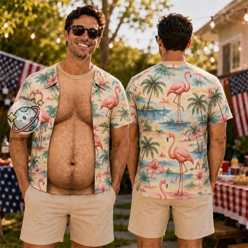 Funny Muscle Illusion Men T-Shirt 3D Print Fake Open Hawaiian Tee Too Hot To Handle Summer Holiday Casual Party Cosplay Gifts