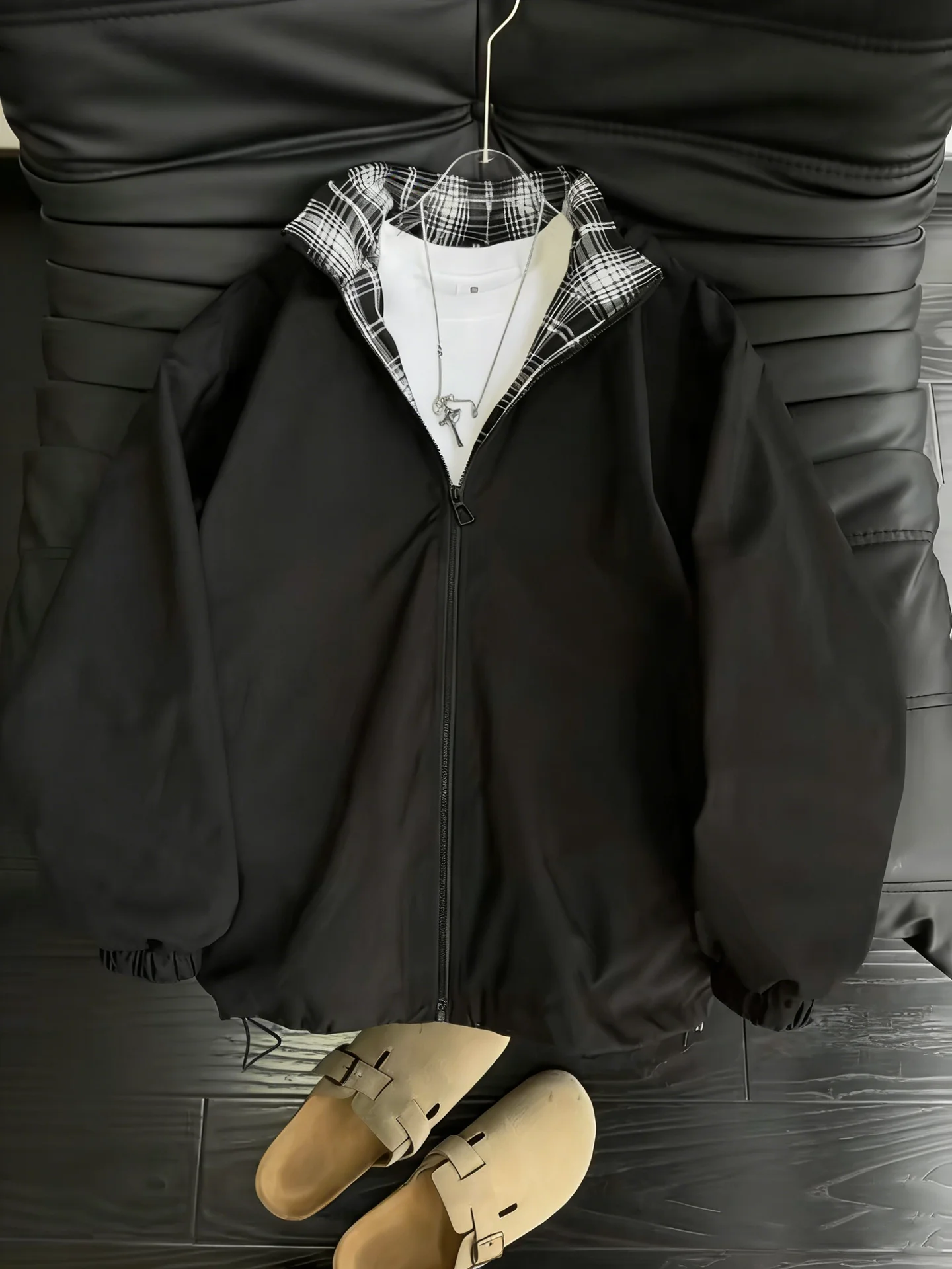 Plaid Patchwork Flight Jacket Men's Spring Autumn American Style Stand Collar Baseball Coat Three-Proof Downproof Jacket