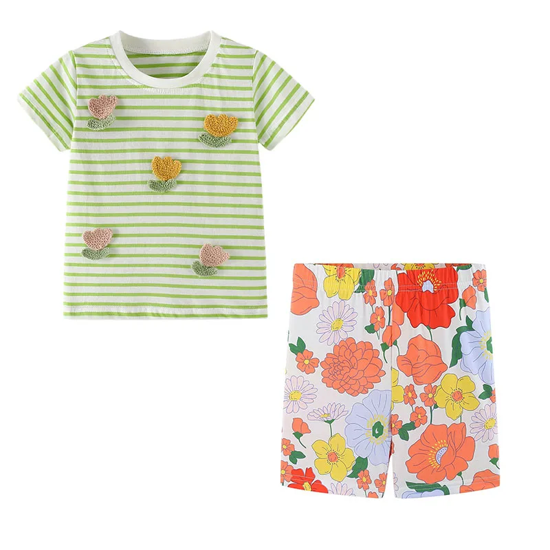 

2 Pcs Sets Girls Sets Tshirts+Shorts Floral Children'S Clothing Sets Fashion Style Kids Suit Cartoon Clothes
