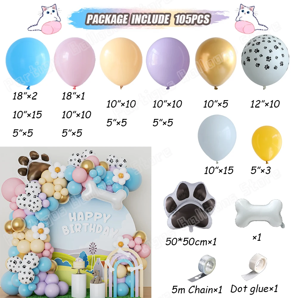 105Pcs Dog Paw Balloon Arch Garland Kit Bone Foil Balloon Globos Cat Puppy Paw Themed Party Kid Birthday Party Decor Baby Shower