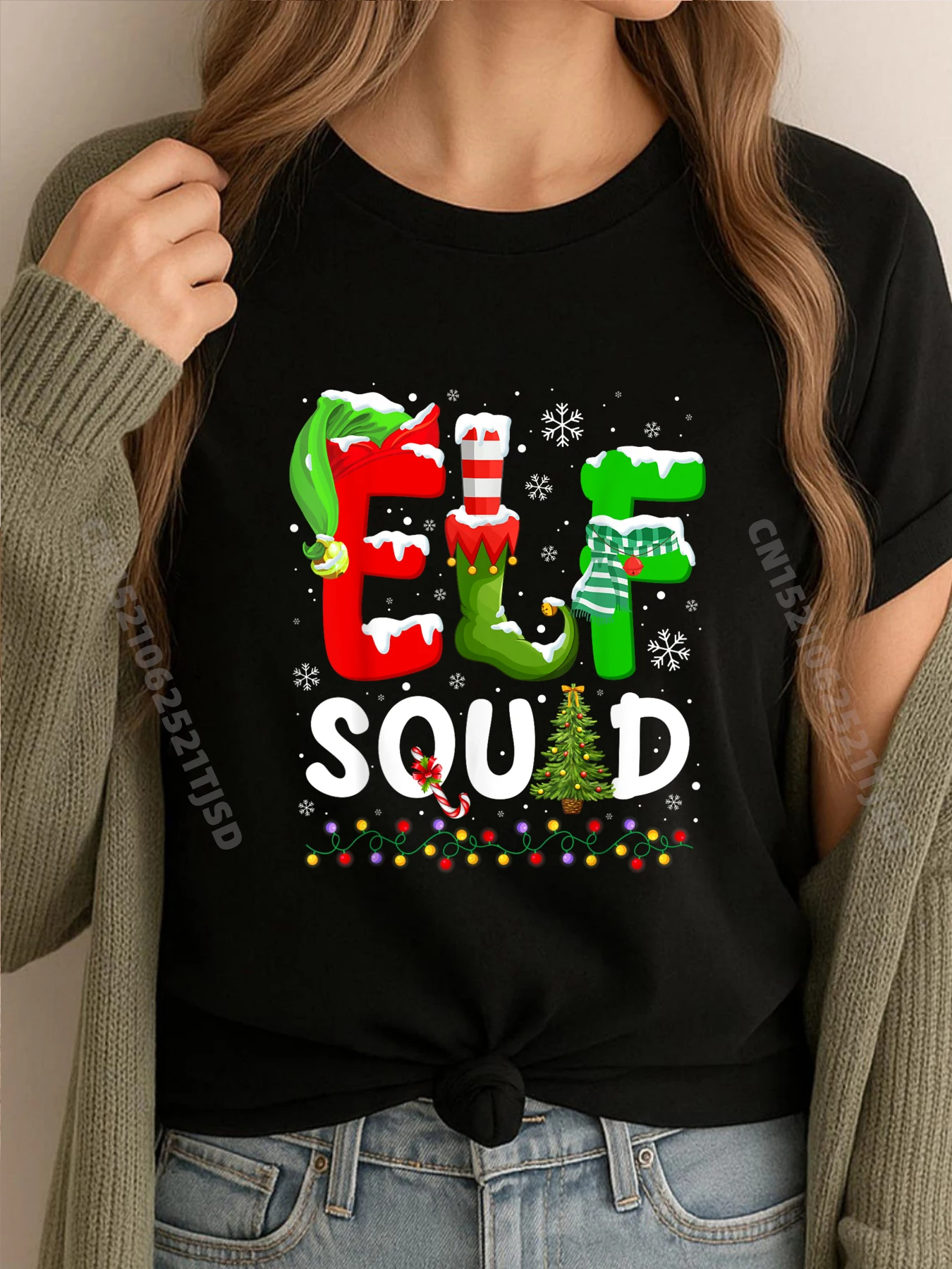 

Elf Squad Family Christmas Matching Pajamas Xmas Elf White Graphic Tee T Shirt Man T-shirt Washed Birthday