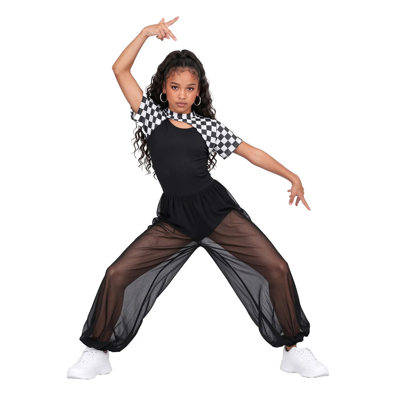 Kids Girls Metallic Jazz Dance Outfit Asymmetrical Mesh Crop Top with Jumpsuit Disco Party Hip Hop Street Performance Dancewear