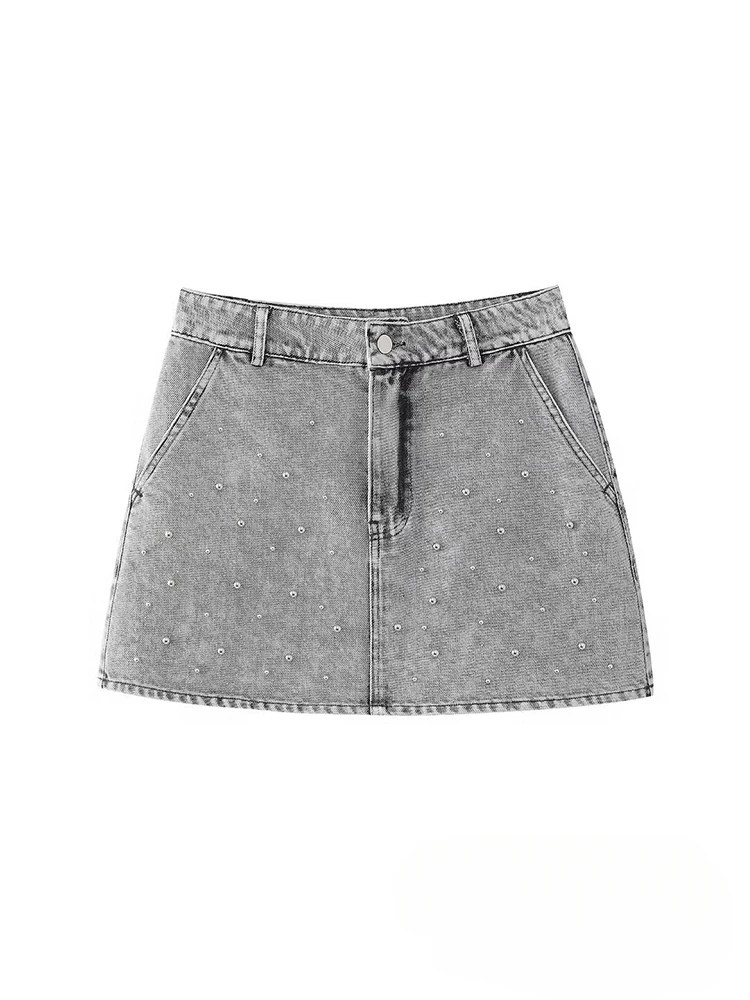 

Vintage Casual Chic Women Skirt Solid Slim Faux Pearls Denim Short Skirt New Fashion 2024 Summer Streetwear Mini Skirt