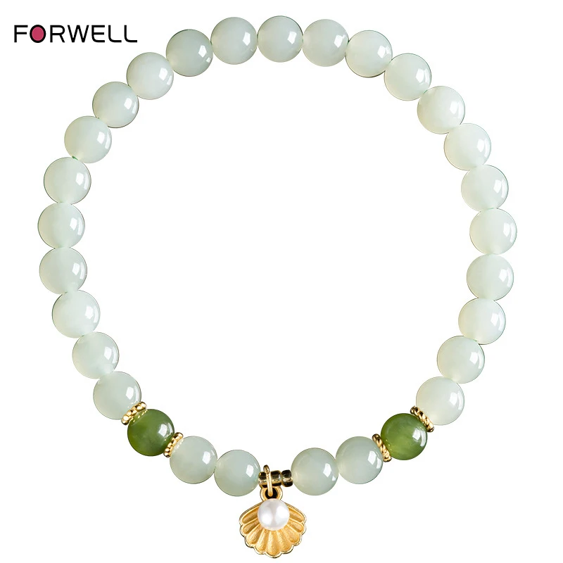 

FORWELL Natural Jade Round Beads Bracelet Women Stone Jewelry Gemstone Gift Handmade Strand Bracelets Holiday Gift