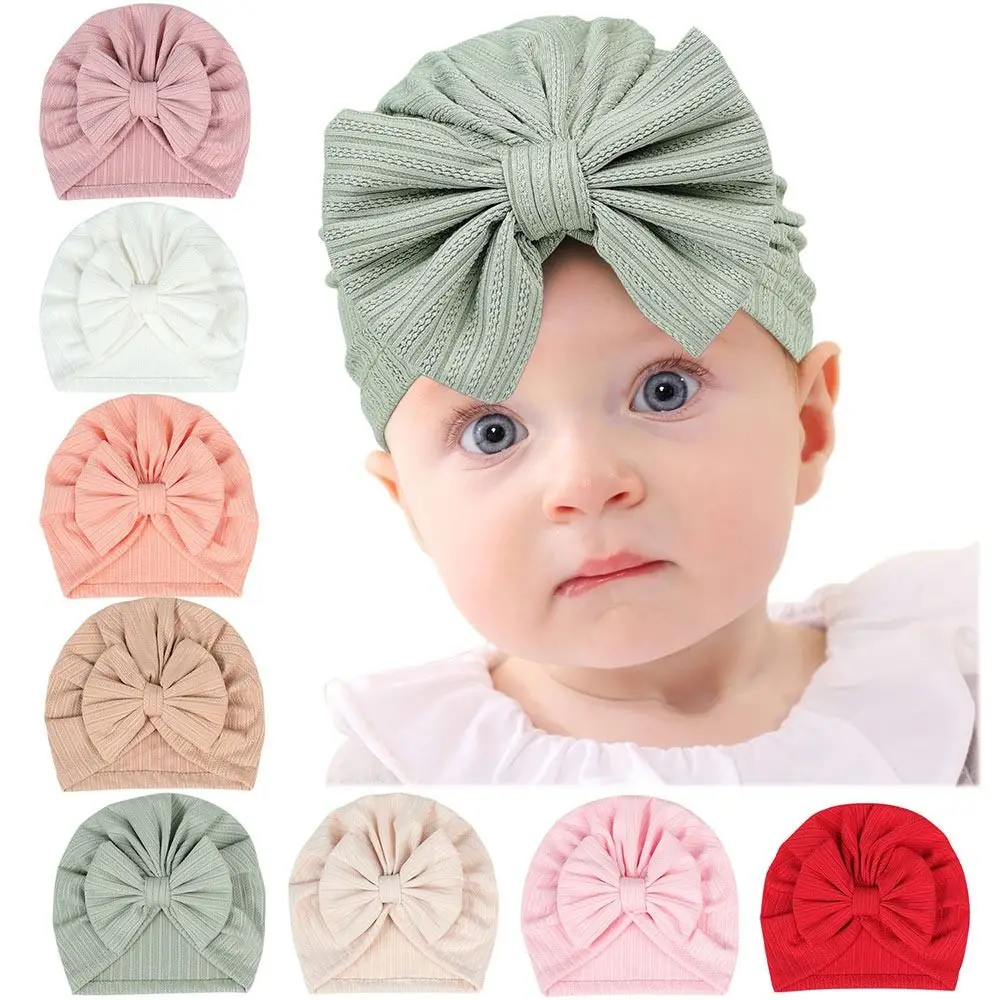 Bonita diadema de poliéster y algodón, gorros con lazo grande transpirables de Color sólido, turbante suave para bebés y niños