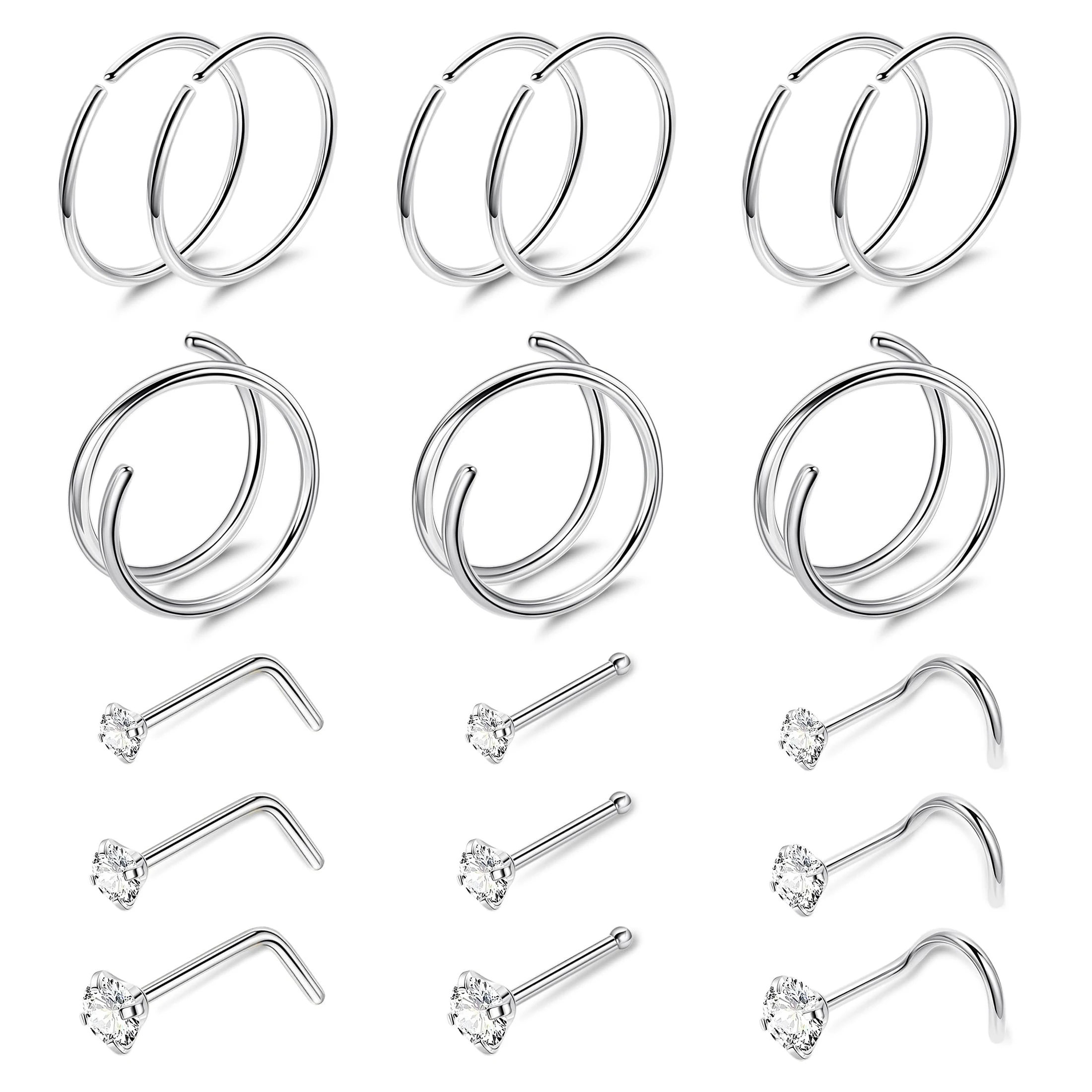 20G 18Pcs 8mm Nose Rings Hoops With 1.5-2.5mm CZ Bend/Straight/L-Shaped Rod Nose Studs Hypoallergenic Piercings Jewelry Silver