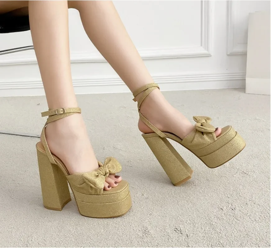 Quality Women Sandals Platform Pumps PU 15CM Square Heel Summer Buckle Strap One Character Strip Butterfly-knot Women Shoes