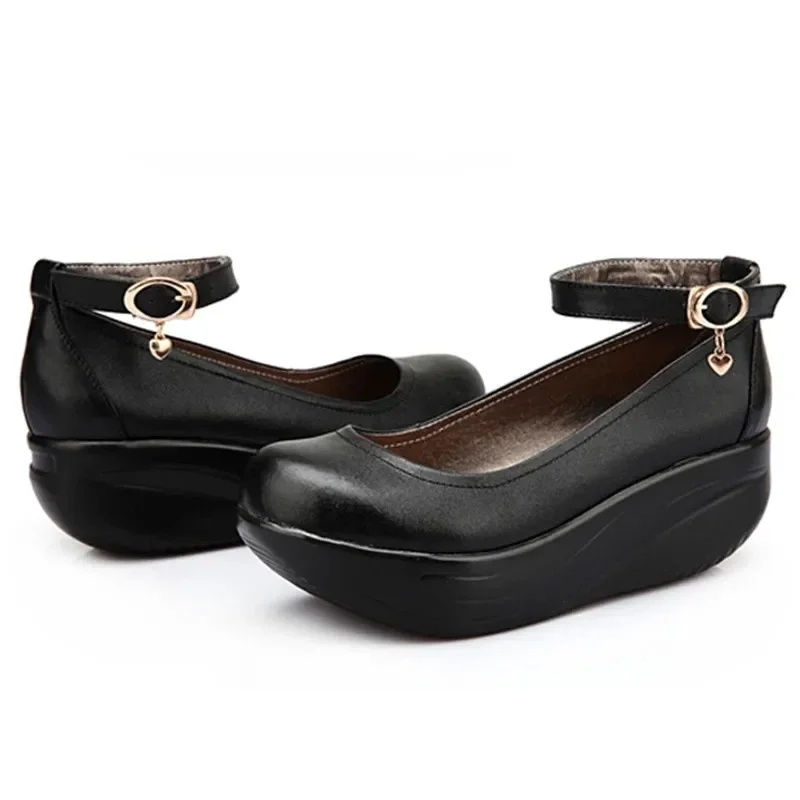 YAERNI Spring Autumn Women Swing Shoes Black Leather Ankle Wedges Shoes Comfortable Thick Sole Height Increase Shoes Big Size