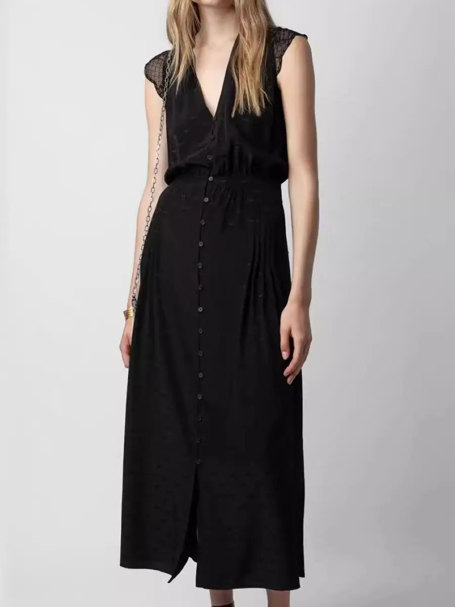

Spring Summer Women's Black Silk Robe Jacquard Lace Stitching Sleeveless V-Neck Single Breasted Elegant Ladies Maxi Dress