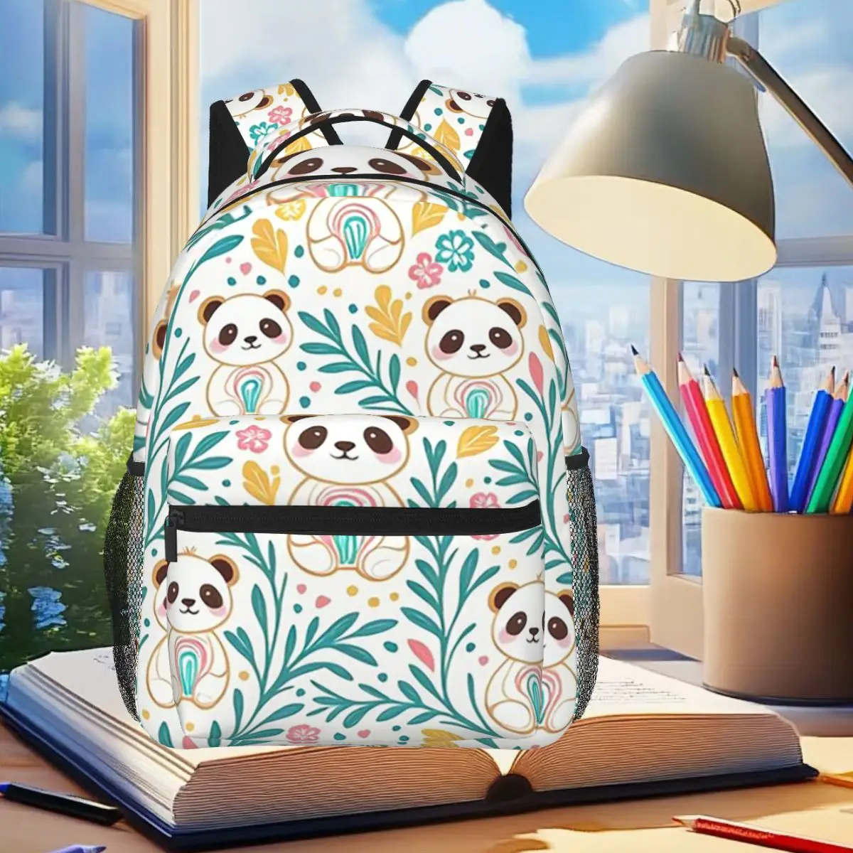 

Adorable Panda Surrounds Flowers Backpack Student Boys Girls BookBag Kids School Bag Computer Shoulder Bags for Men Women