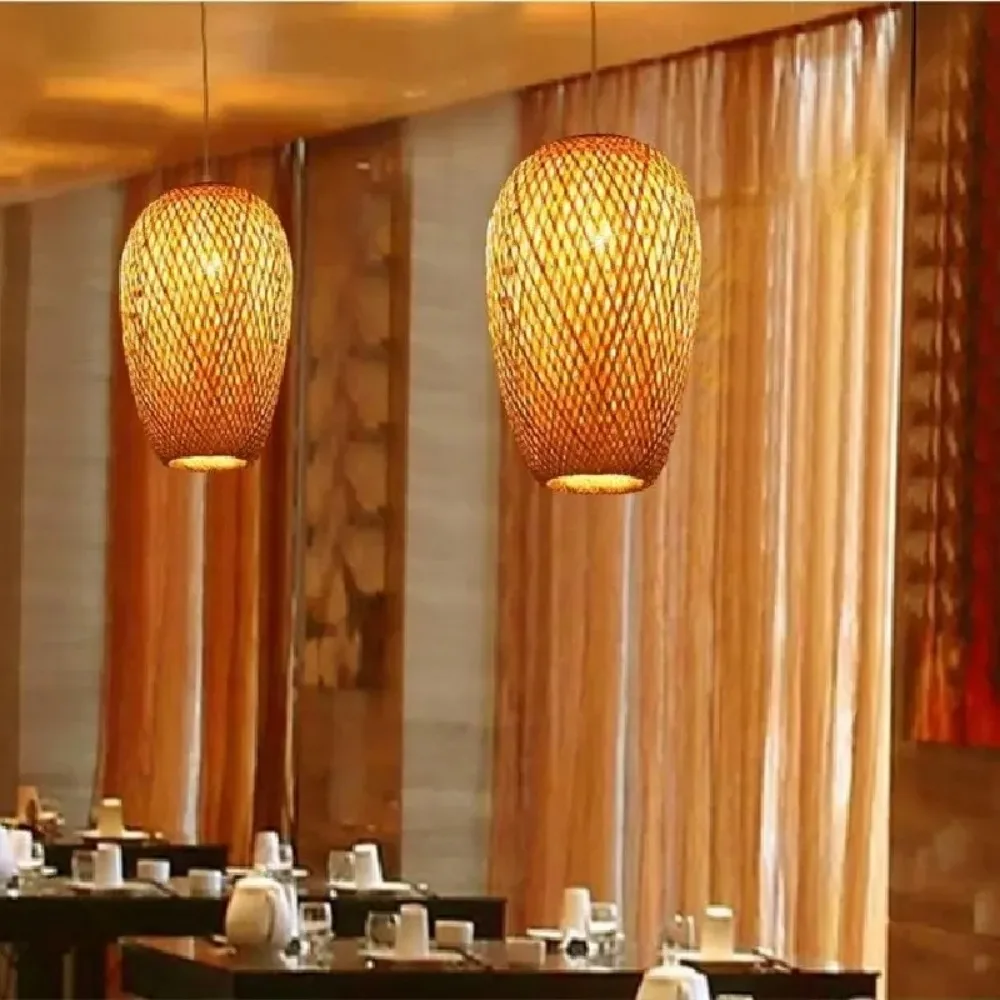 Handmade Natural Woven Lamp Traditional Restaurant Decorative Lighting Wooden Bamboo Chandeliers Rattan Pendant Lights