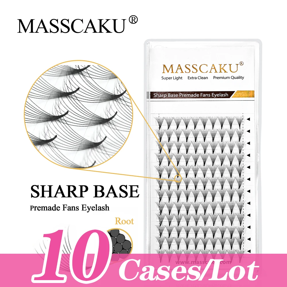 

MASSCAKU 10cases/lot Sharp Narrow Stem Premade Fan Eyelash Extension Sharp Thin Pointy Base Promade Volume Fans Eyelashes Makeup