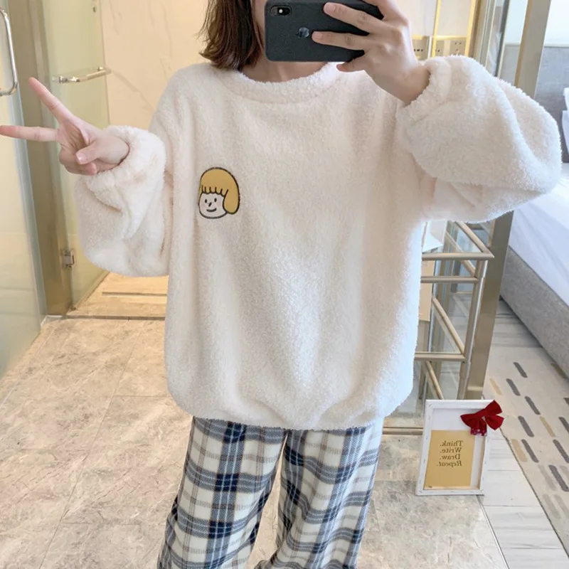 Pajamas Women's Autumn and Winter Coral Fleece Thickened Fleece Flannel New Cute Little Girl Loungewear Set  Kawaii White Pj Set