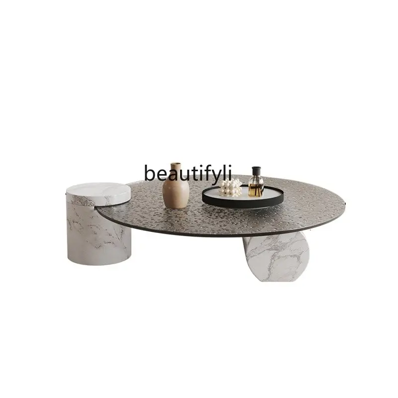 

Italian Minimalist Living Room Water Ripple Glass Marble round Table Light Luxury Designer Coffee Table