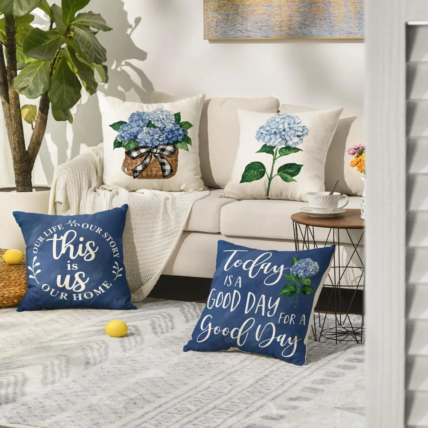 Blue Hydrangea Spring Summer Throw Pillow Covers, Blue Cushion Case Decoration for Sofa Couch Set of 4