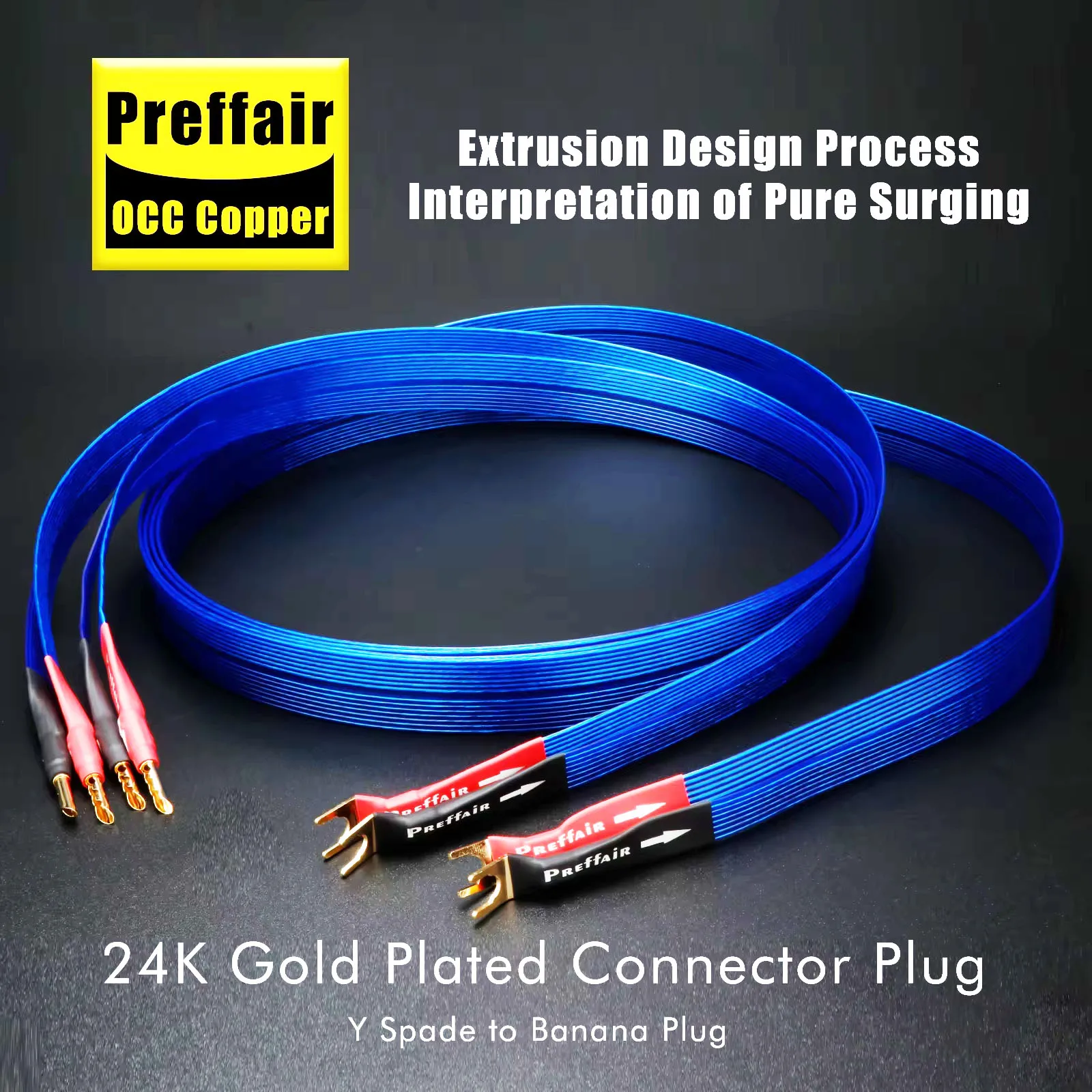 

HIFI Speaker Cables 6N OCC Blue Flat Belt Speaker Wire Silver Plated Loudspeaker cable Gold Plated Banana Y Spade Plug