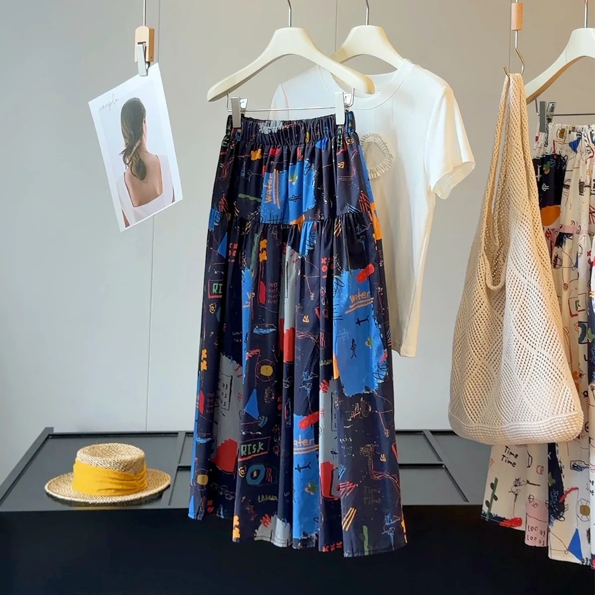Women Summer Cartoon Print Skirt A-Line Long Skirts Stretch High Waist Maxi Skirts Faldas Femme