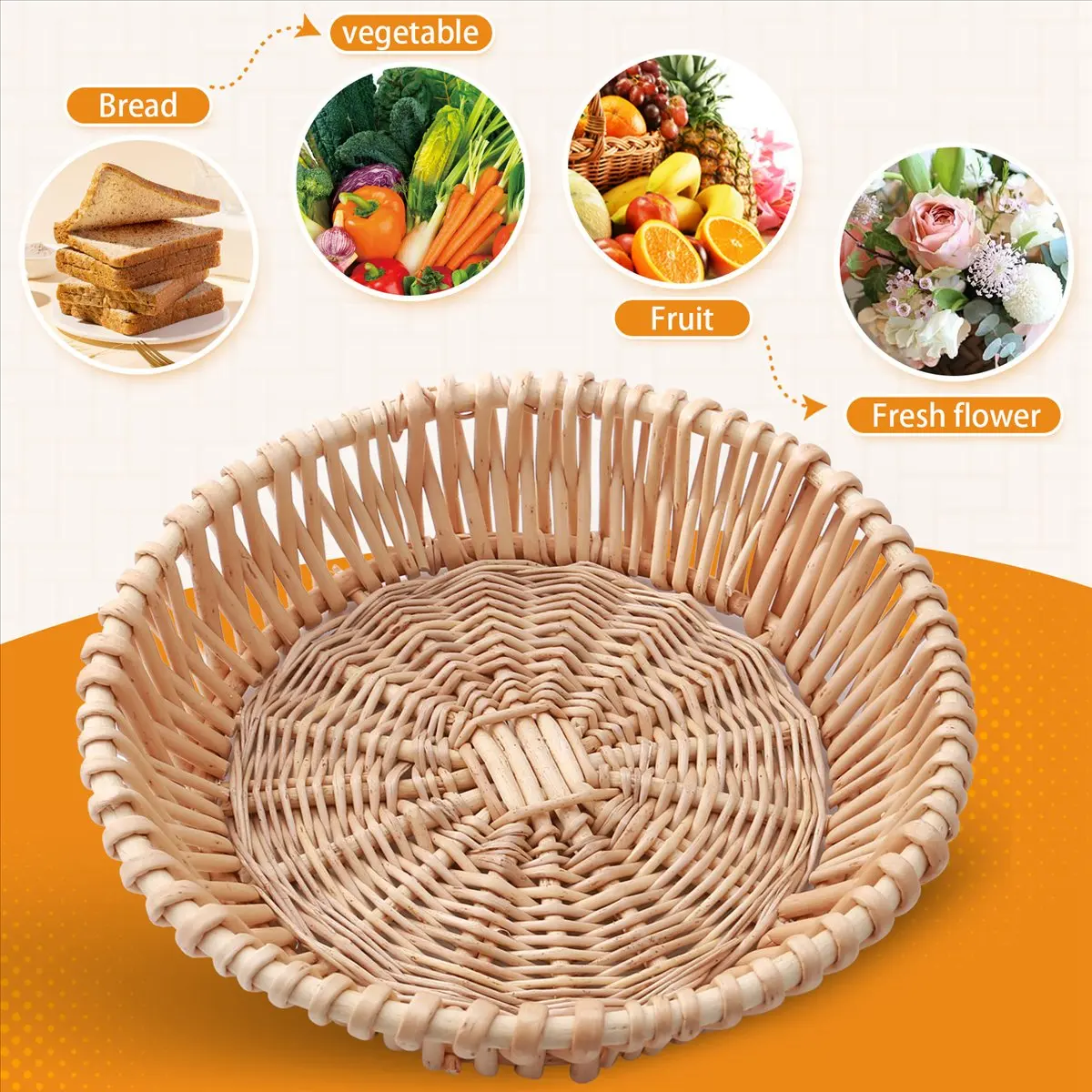Hand-Woven Basket, Wicker Basket, Food Serving Basket for Bread, Fruit, Vegetable Storage, Gift Basket 25 x 8cm