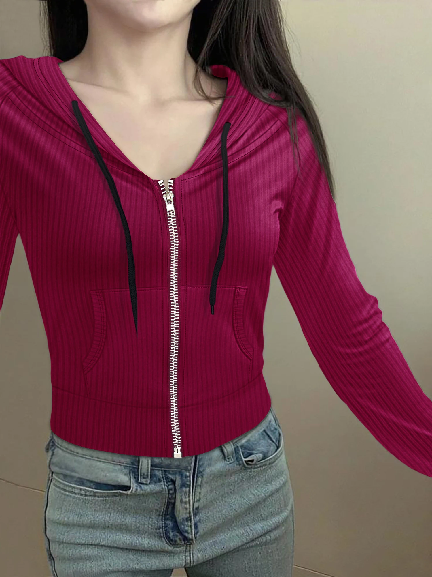 Women Drawstring Hood Rib Knit Jacket Solid Color Long Sleeve Zip Up Slim Cropped Top