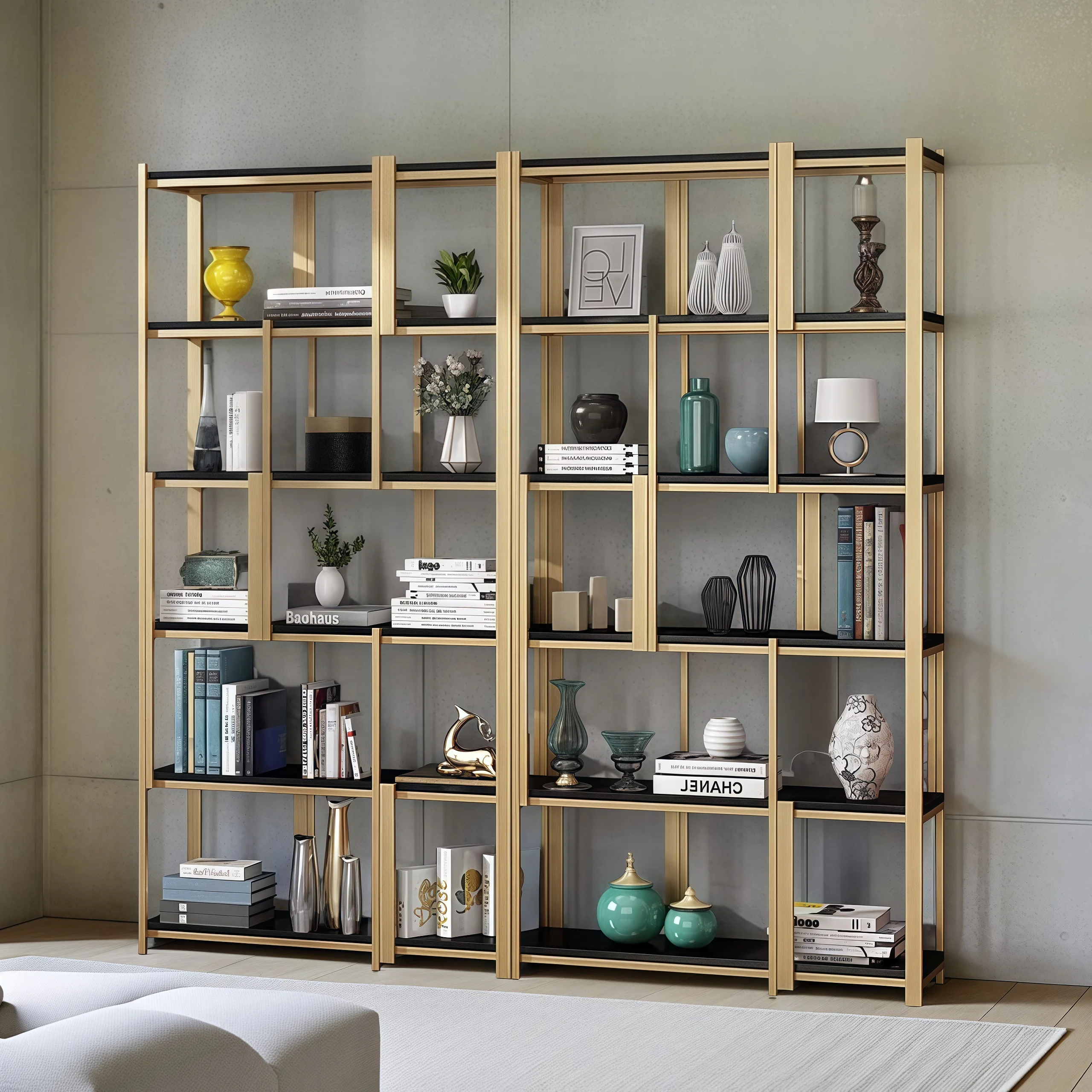 Stainless steel floor-to-ceiling bookshelf display cabinet, gold shelf, solid wood simple decorative metal bogu shelf