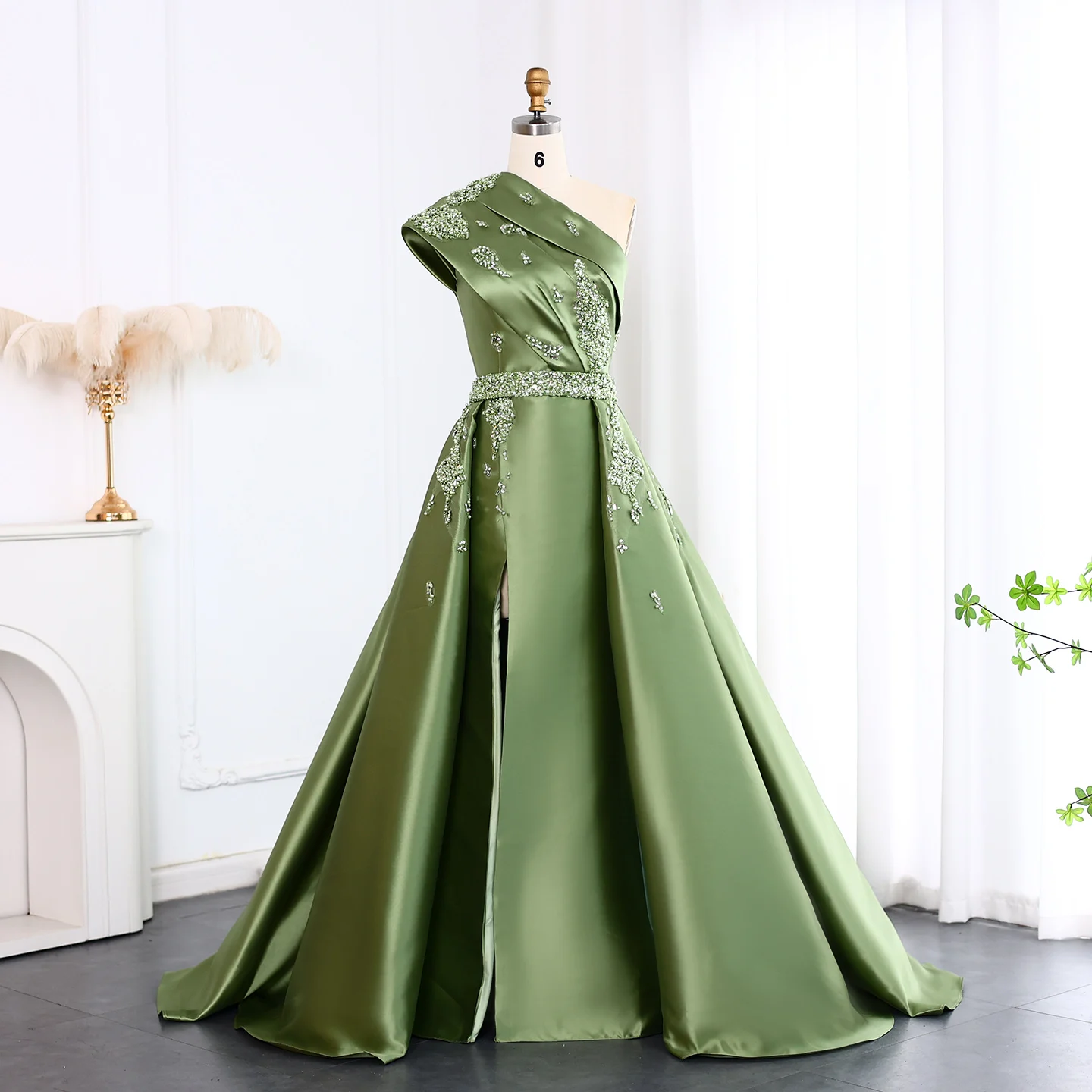 

Sharon Said Green Satin Evening Dresses Elegant One Shoulder Crystal Beaded Slit Formal Women Party Prom Gowns SS599 Customized