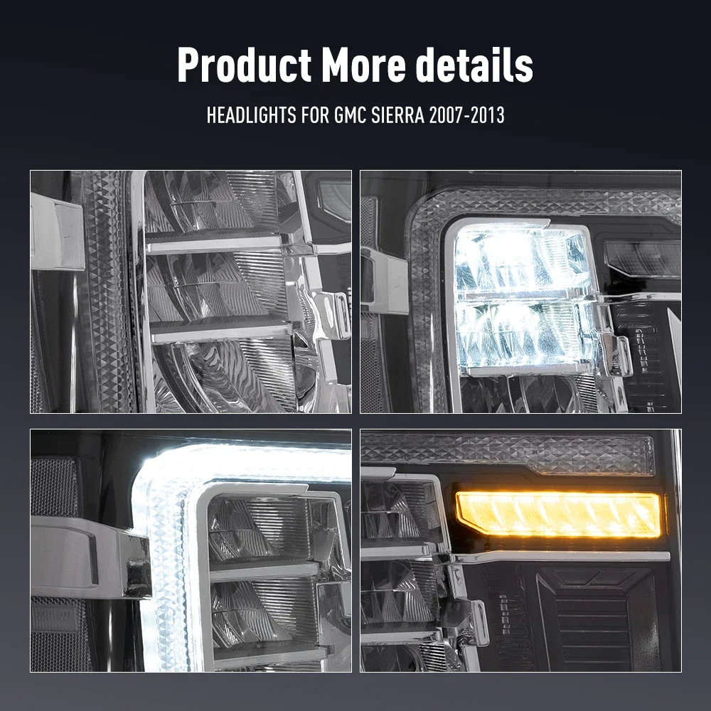 Pair Of LED Car Headlight Assembly For GMC Sierra 2007-2013 Headlights DRL Tuning Signal Plug And Play Front Head Lamp