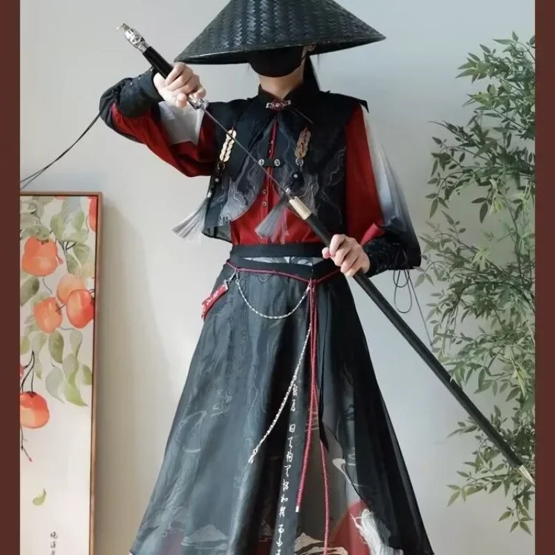 

Autumn Chinese Traditional Warrior Coapaly Hanfu Dress for Halloween Male Heavy Industry Black Red Hanfu Dresses 4pcs Plus Size