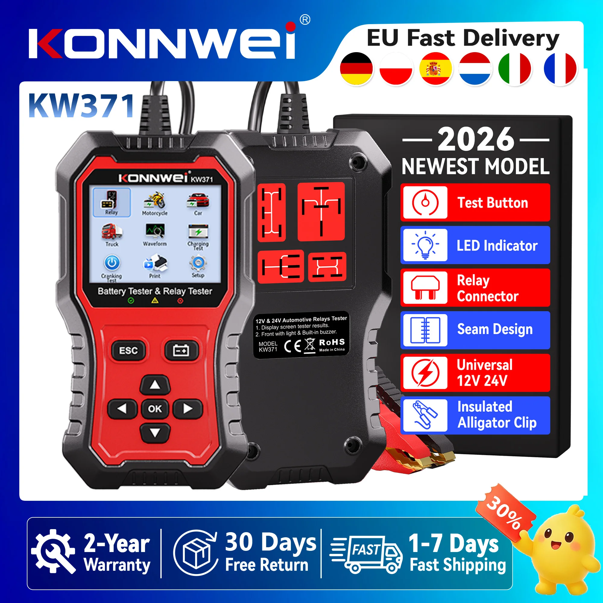 2026 KONNWEI KW371 6V 12V 24V Autobatterietester & Relais-Tester 4-Pin 5-Pin Relais-Fehlerdaten-Druck Starttest Lade-Scan-Tool Kostenloser Versand