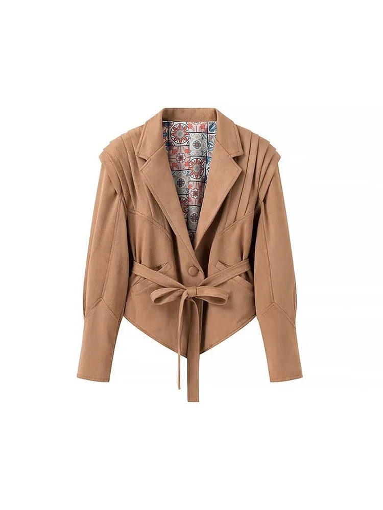 

2024 new women's clothing European and American style fashion simple versatile waist strap suede jacket