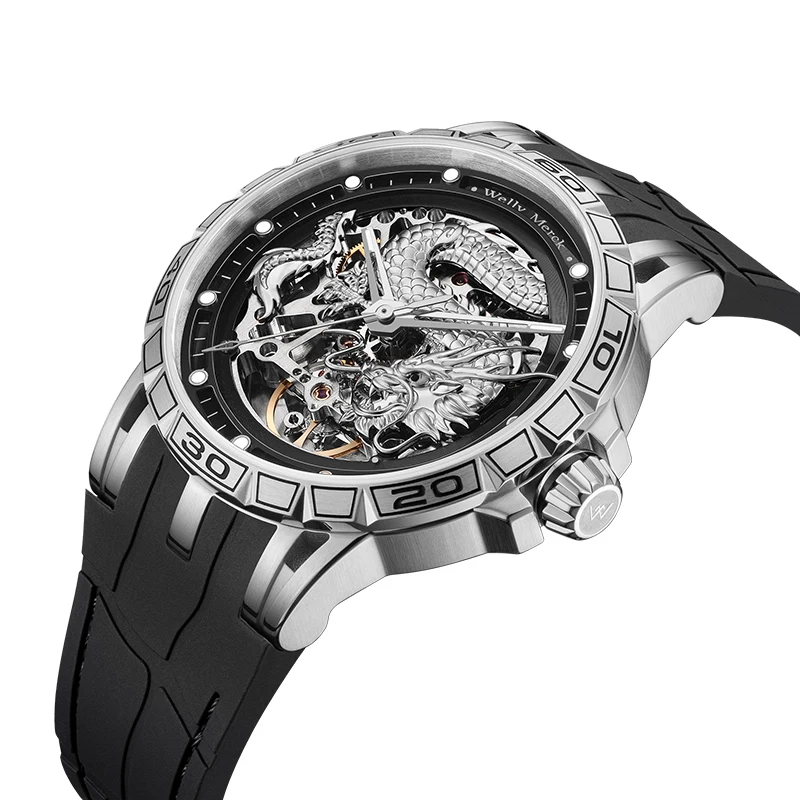 WM Watch 3D Dragon Embossed Automatic Mechanical Watch Fashionable and Cool Business Welly Merck Watch WM128M