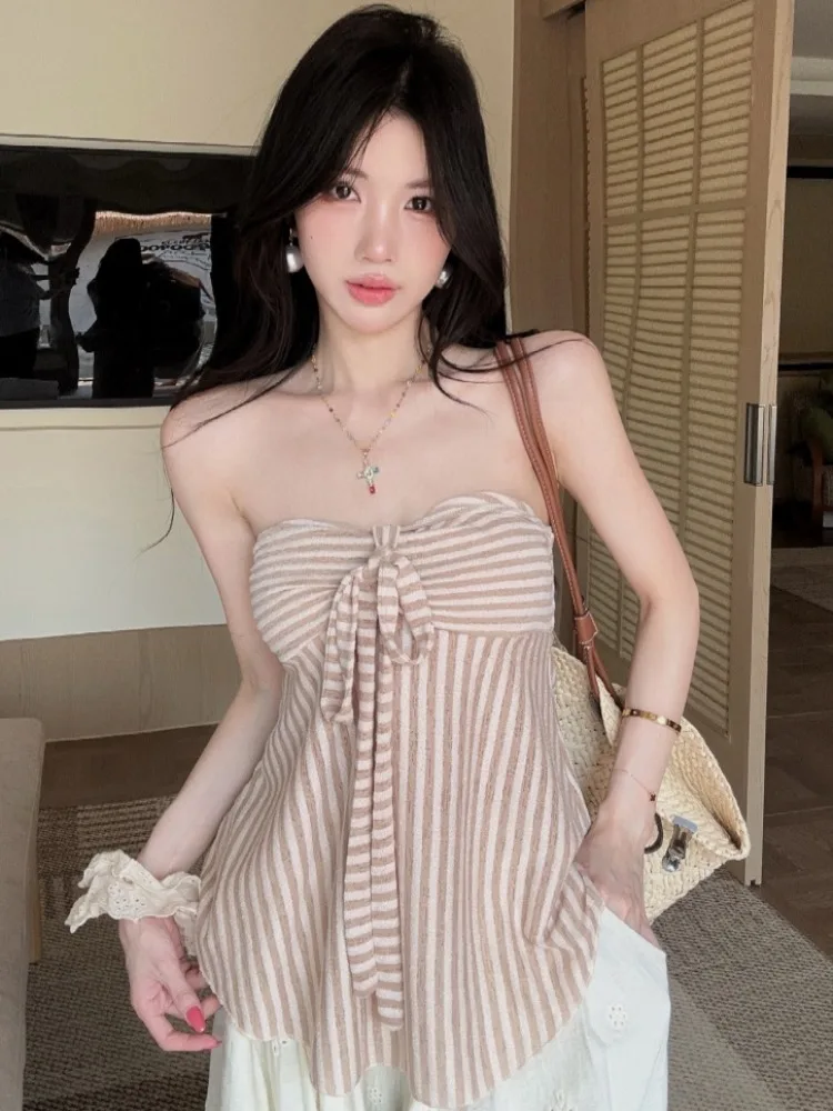

Slim Fit Short Sleeveless Vest Women's Summer New Style Vintage Stripes Neck Hanging Sleeveless Tank Top Trendy Ageless Body ...