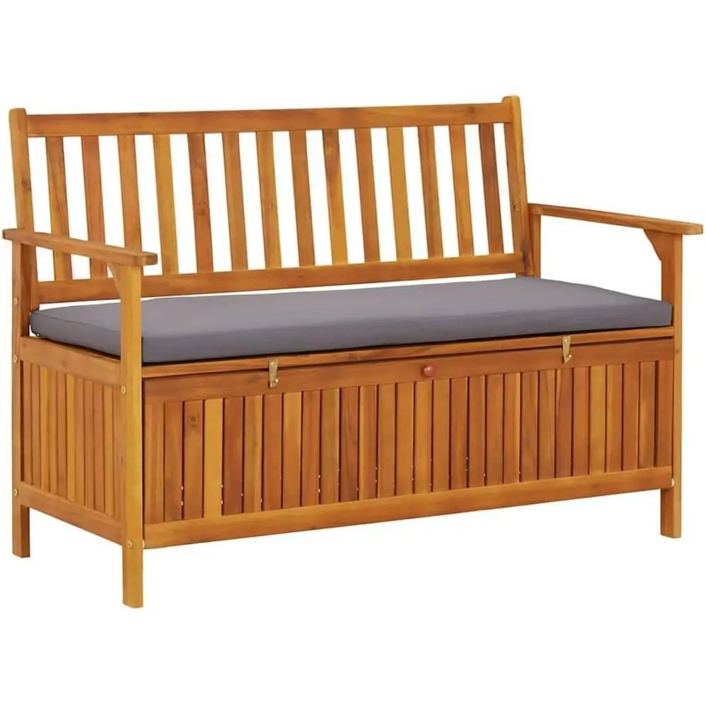 Patio Storage Bench 47.2, Natural Acacia Wood, Gray Cushion, Spacious Storage, Rustic Outdoor Furniture