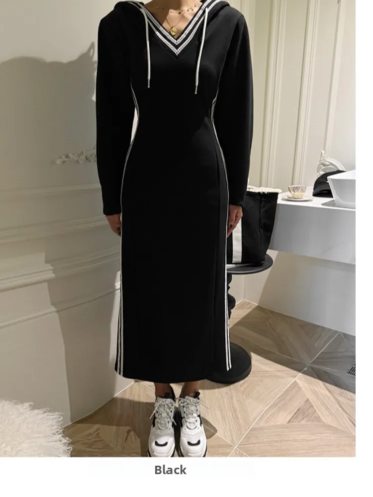 Rétro Patchwork couleur sang dentelle Dstring à capuche tricoté Dr femmes minceur longue Dr printemps automne nouveau Sle