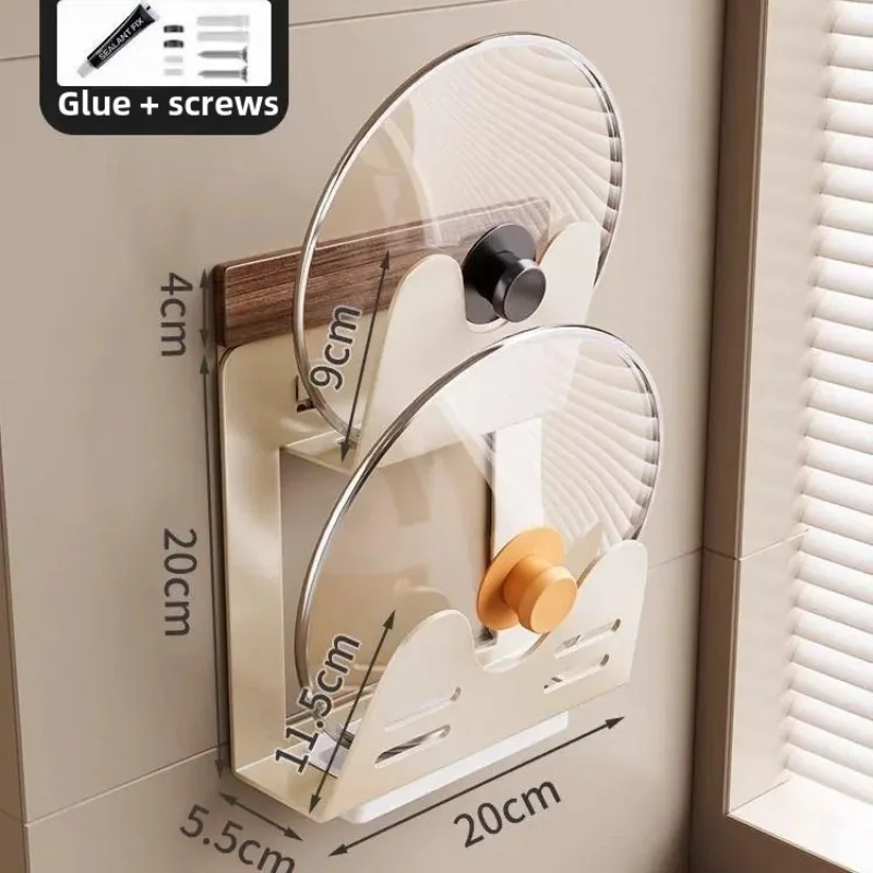 Walnut Wall-Mounted Kitchen Rack - Multi-Functional Organizer for Pot Lids, Knives & Utensils, No-Drill Space Saver