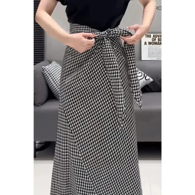 Korean Commute Spring and Autumn New Women\'s Spliced Bow Plaid Asymmetrical Ruched Slim Sweet High-waisted Bandage A-line Dress