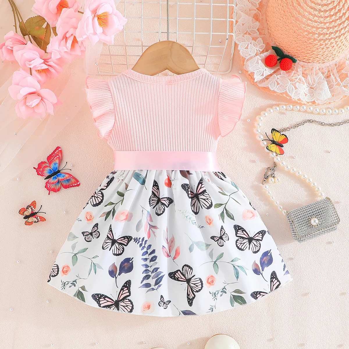 Dress For Kids 6-36 Months Cotton Ruffle Sleeve Cute Butterfly Floral Summer Princess Formal Dresses Ootd For Newborn Baby Girl