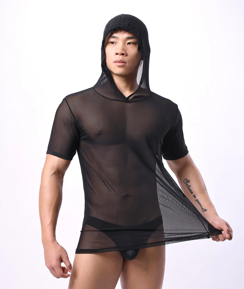 Men's Mesh Backless Tank Top Hoodie Tees European Style Breathable Sexy See-through Summer Sporty Base Shirt for Men