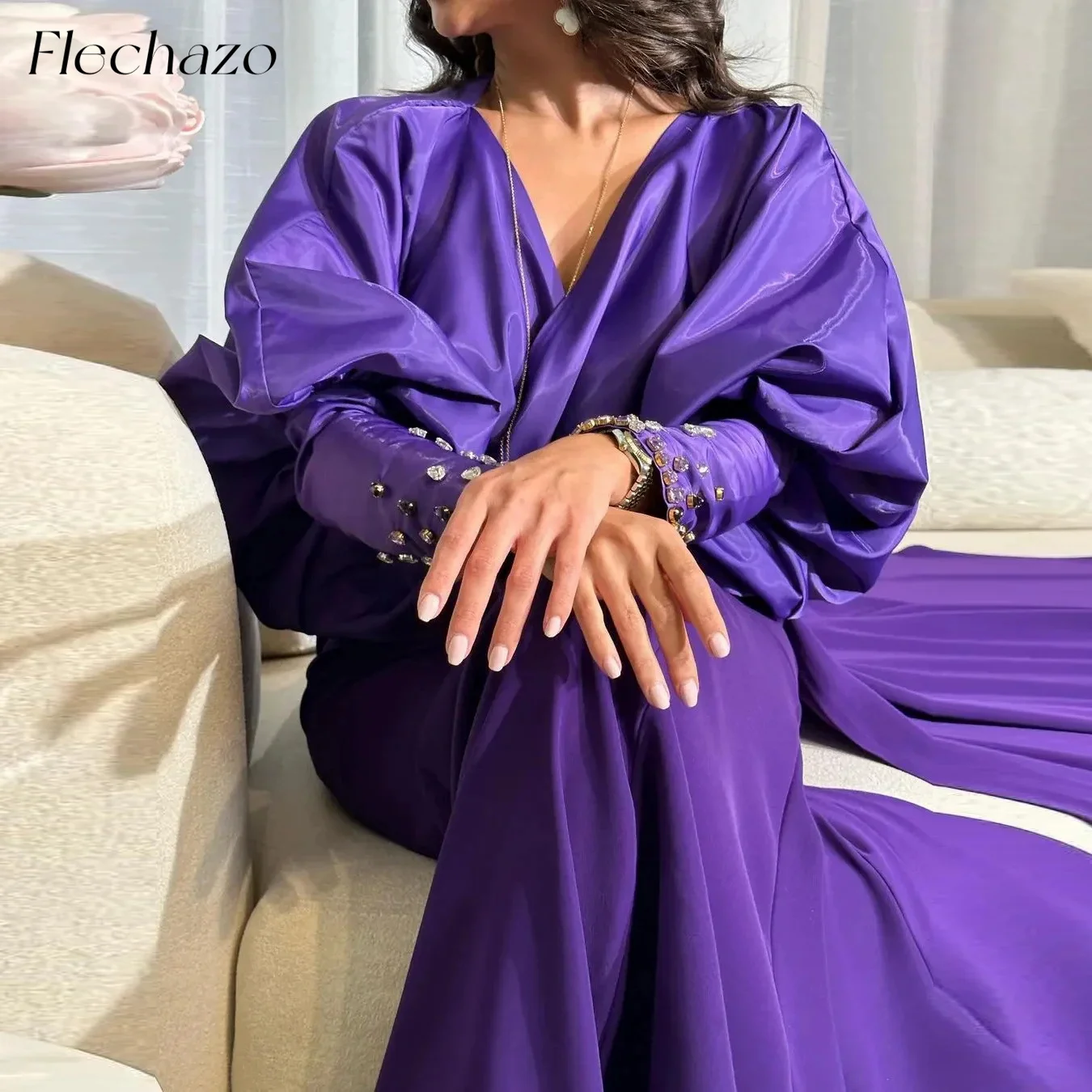 

Flechazo Purple Satin Prom Dresses Long Sleeves 2-Piece Beaded Formal Occasion Dress For Women 2024 vestidos de noche