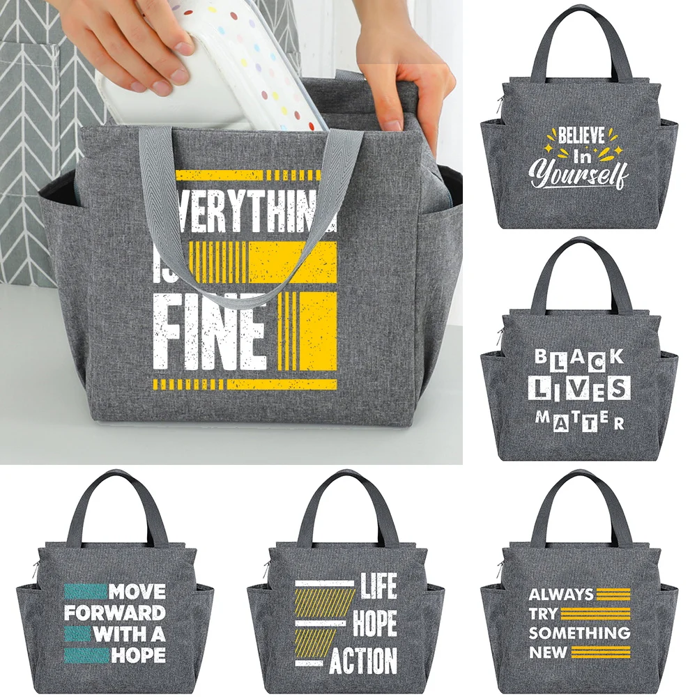 Multi Use Canvas Insulated Lunch Tote Bag Phrase Pattern Storage Bag Casual Handheld Food Handbag for Outdoors