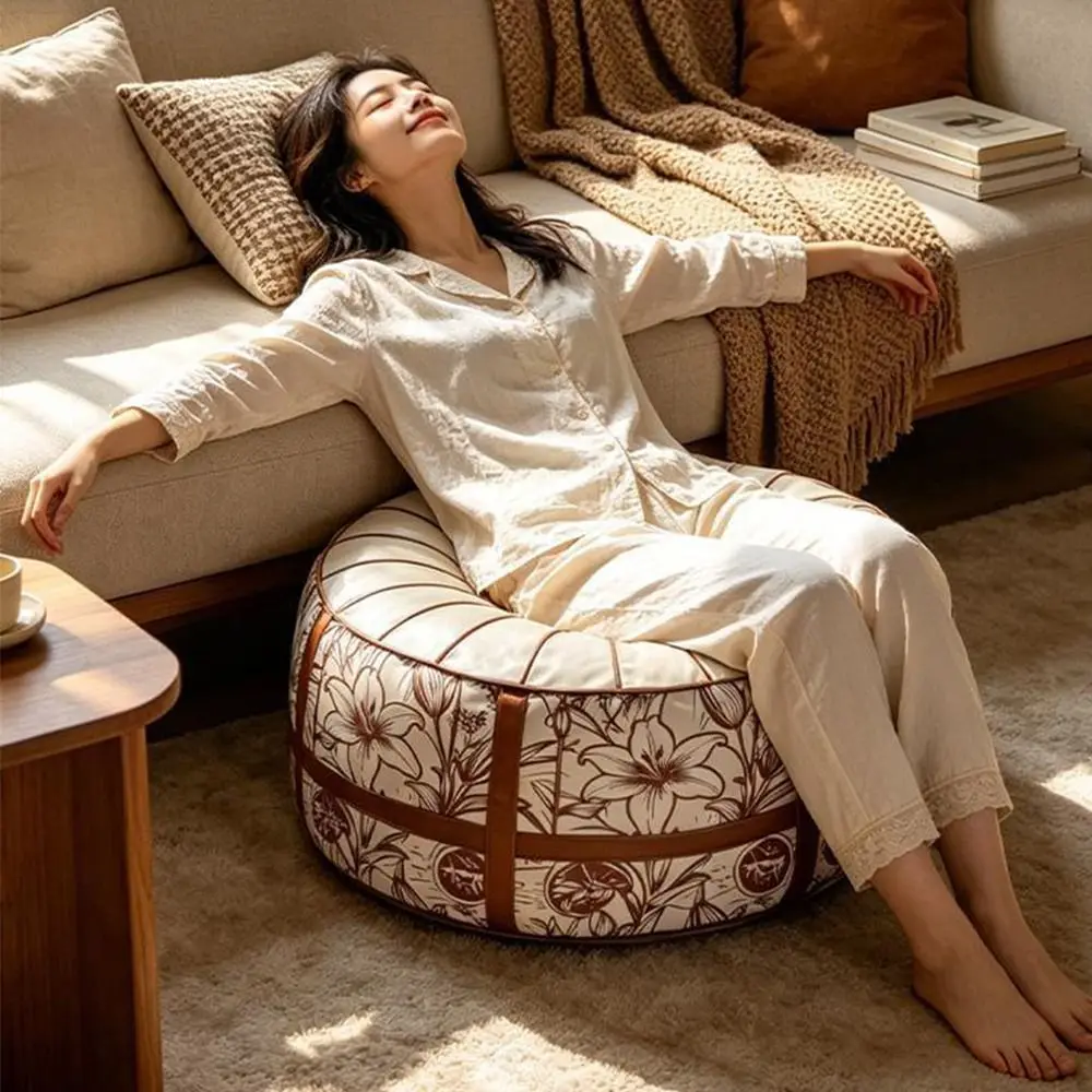 Boho Pattern Ottoman Pouf Fillable Design Large Opening Footstool Cover Water Resistant PU Leather Storage Ottoman Living Room