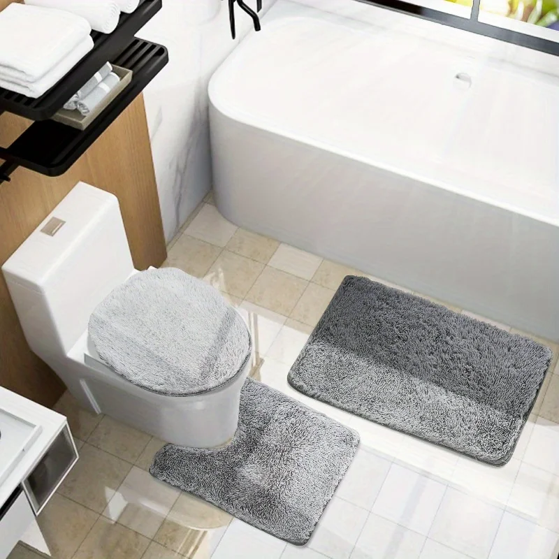 

3pcs/set Bath Rugs Set, Bathroom Soft Bath Absorbent Mats, Includes Bath Rug, Contour Mat, Toilet Seat Cover Exfoliating gloves