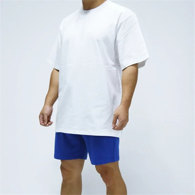 

Мужские футболки для бега большого размера, высокое качество, тяжелые, 240 г/м2, 100% хлопок, летние свободные футболки с короткими рукавами, тренажерный зал, бодибилдинг, фитнес